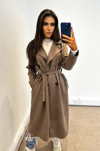 Faux Suede Trench Coat - Mocha