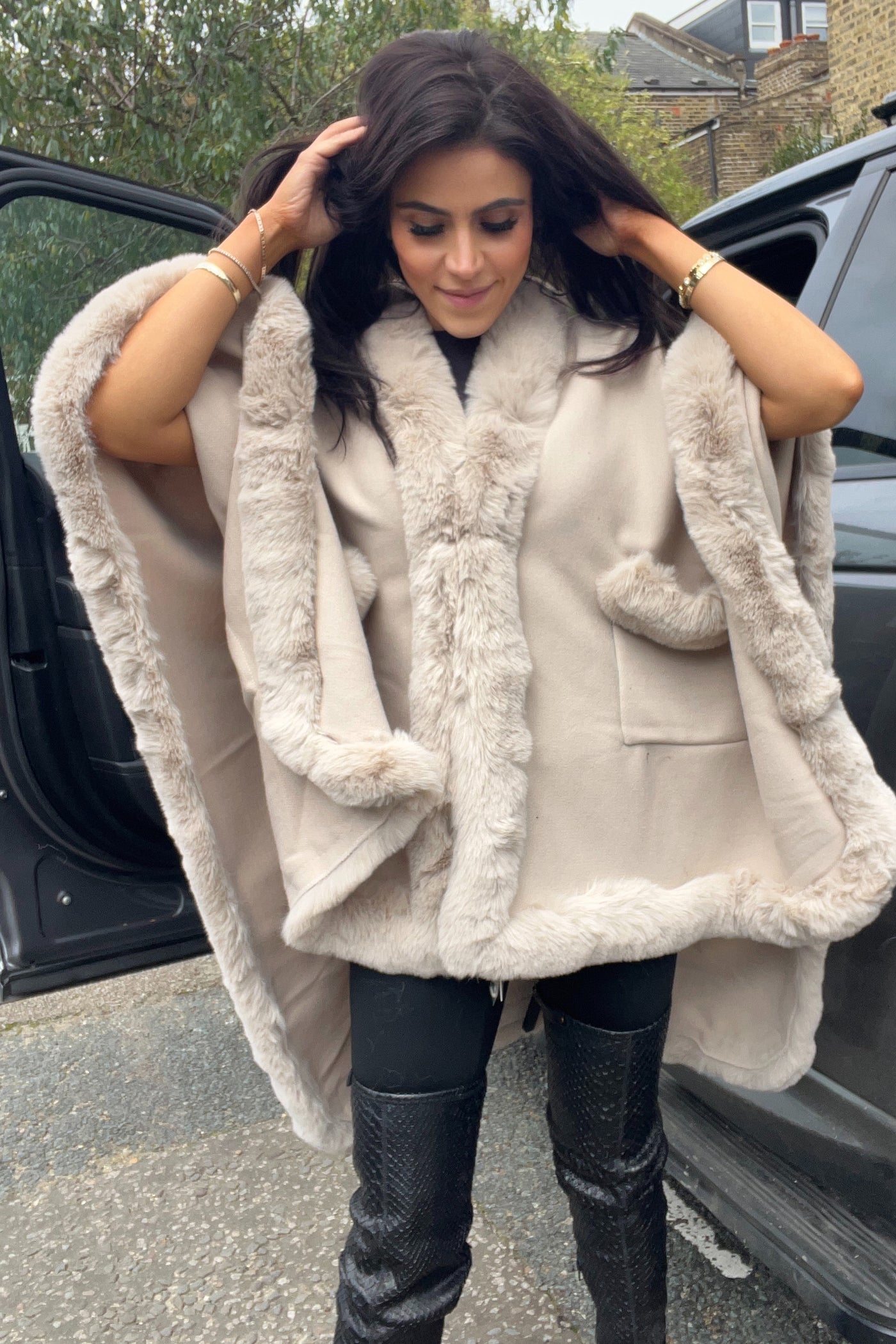 Faux Fur Pocket Cape - Beige