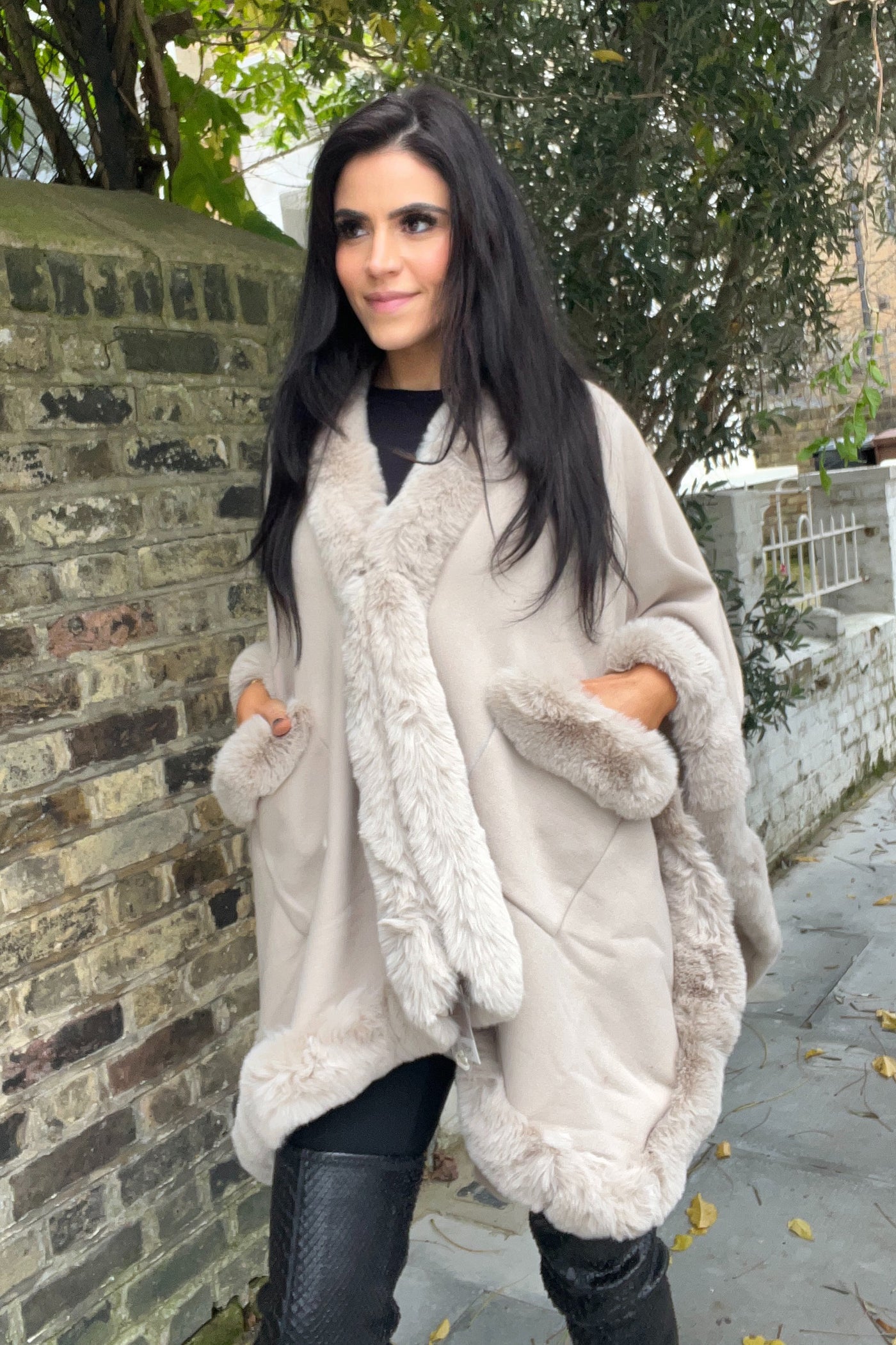 Faux Fur Pocket Cape - Beige