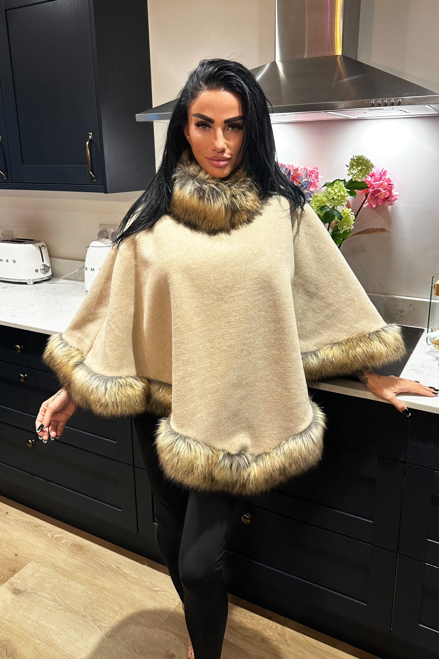 Faux Fur Poncho - Beige