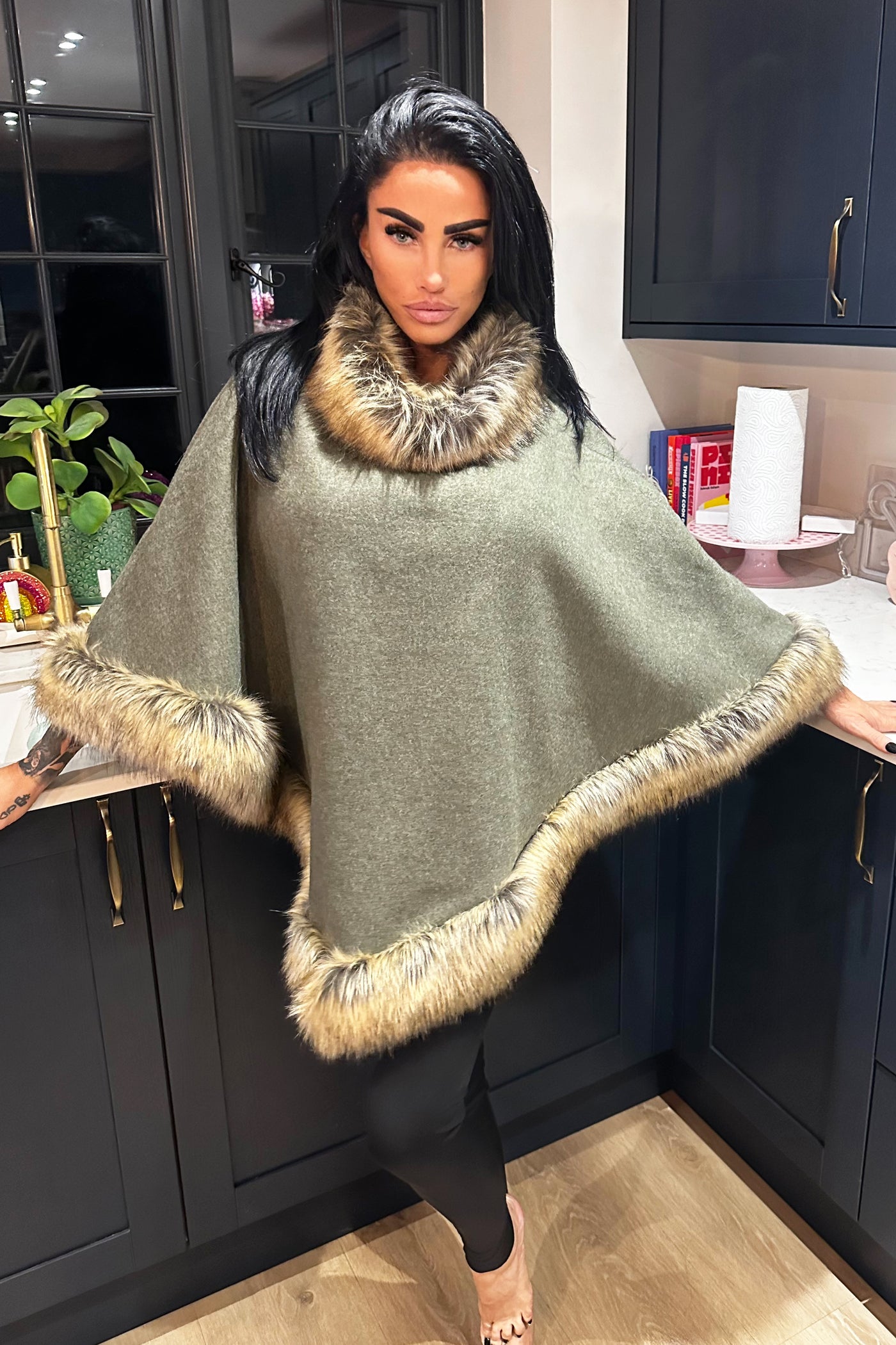 Faux Fur Poncho - Khaki