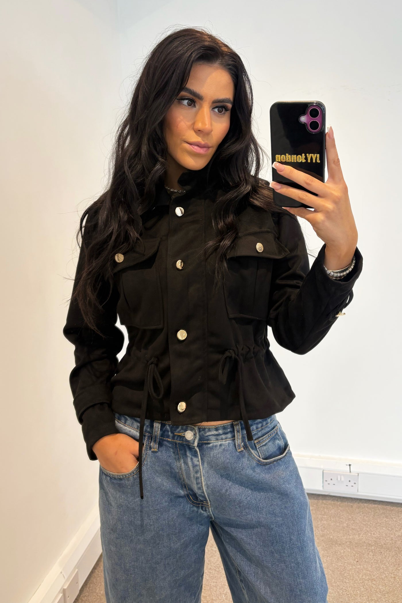 Faux Suede Tie Up Jacket - Black