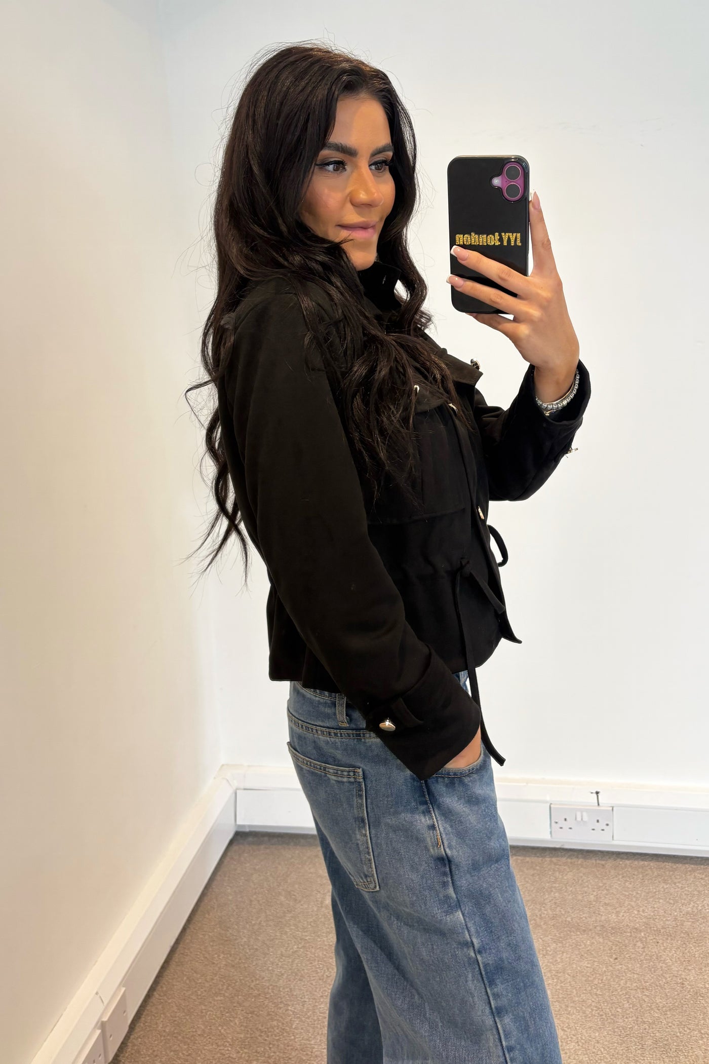 Faux Suede Tie Up Jacket - Black