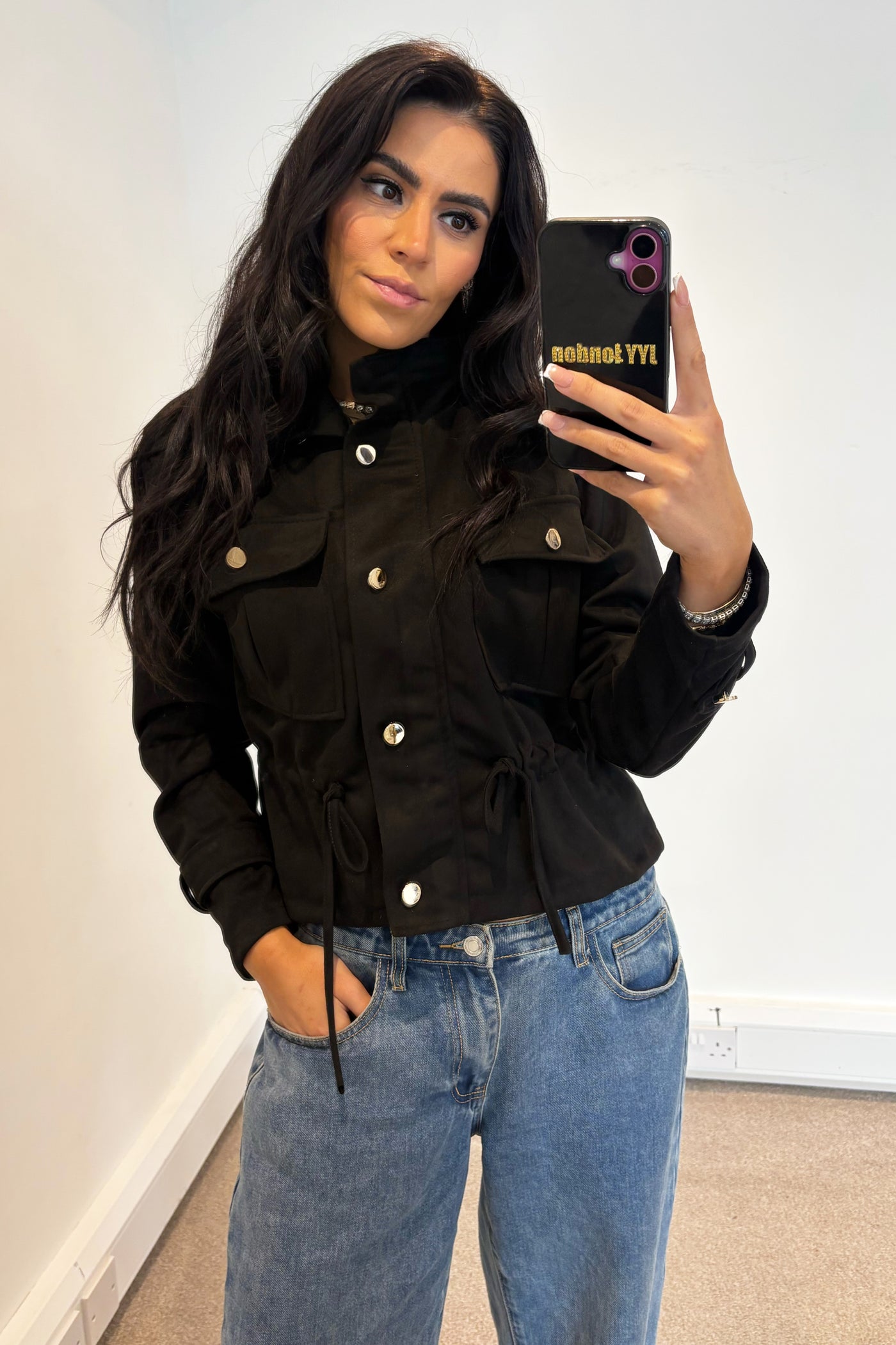 Faux Suede Tie Up Jacket - Black