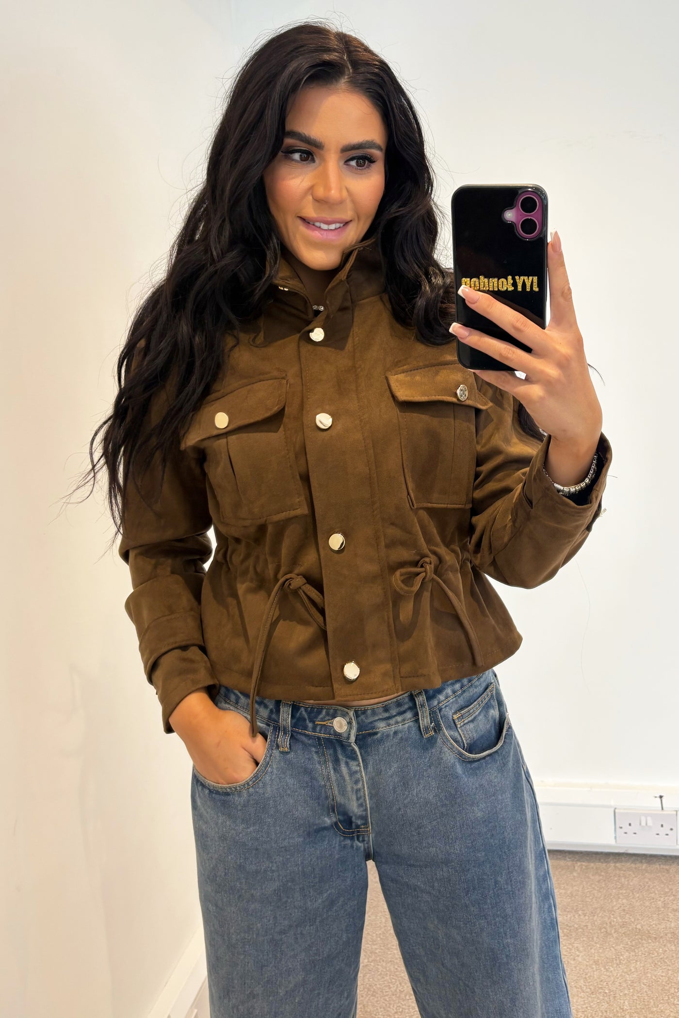 Faux Suede Tie Up Jacket - Brown
