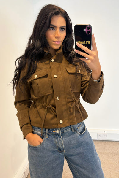 Faux Suede Tie Up Jacket - Brown