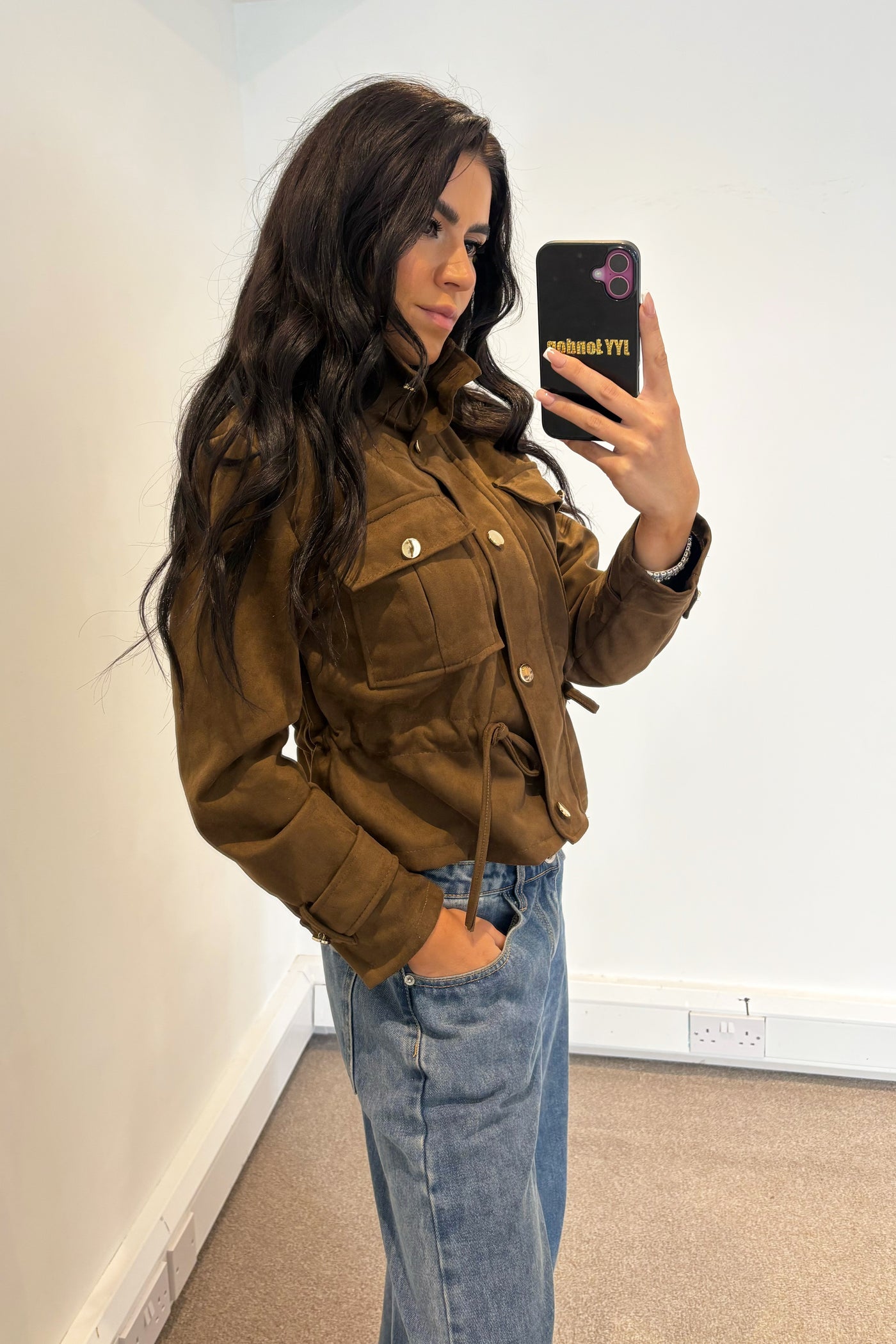 Faux Suede Tie Up Jacket - Brown