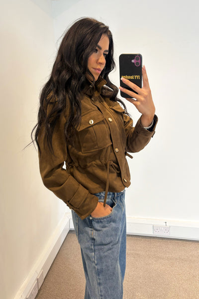 Faux Suede Tie Up Jacket - Brown