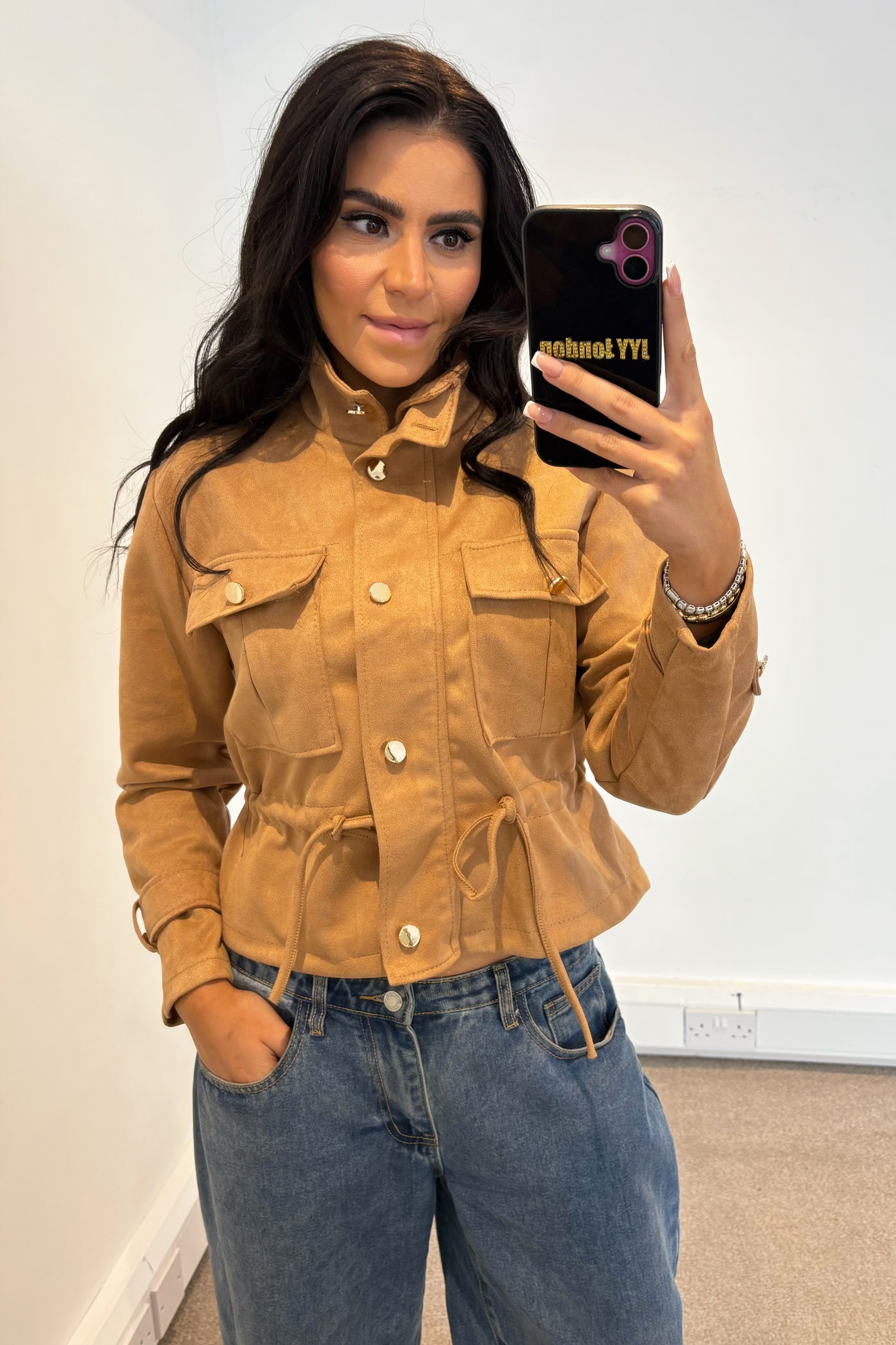 Faux Suede Tie Up Jacket - Camel