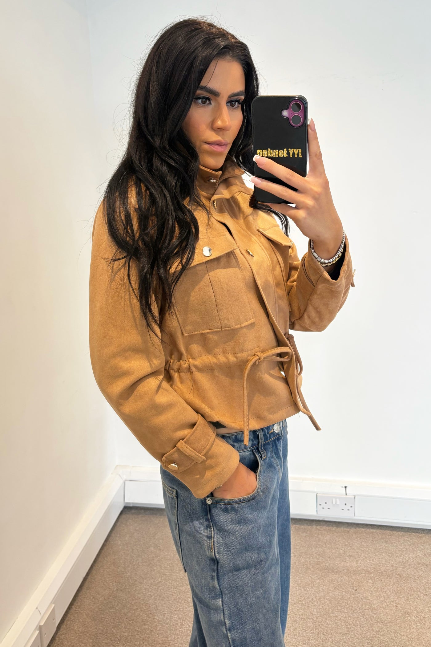 Faux Suede Tie Up Jacket - Camel