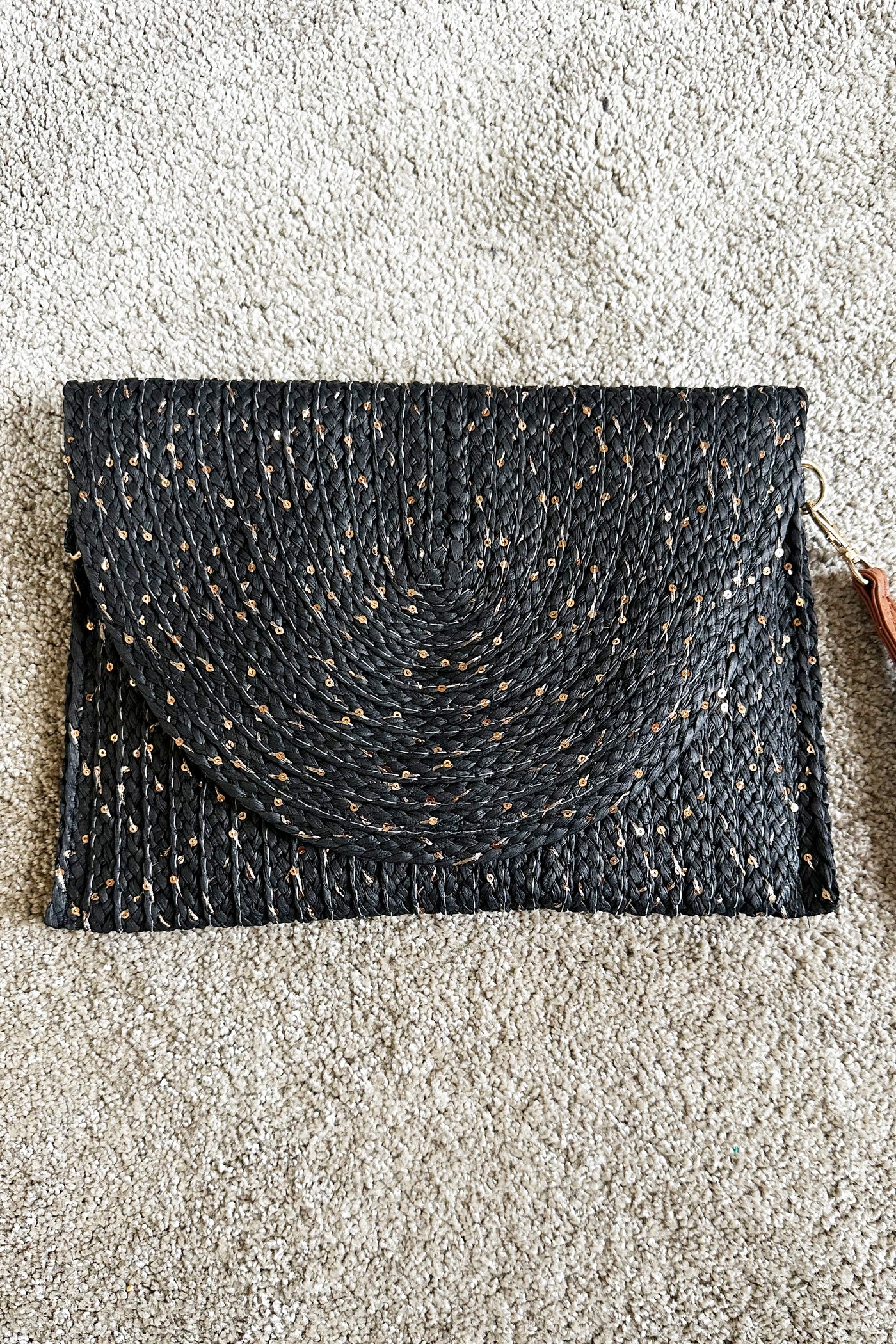 Sequin Straw Clutch Bag - Black