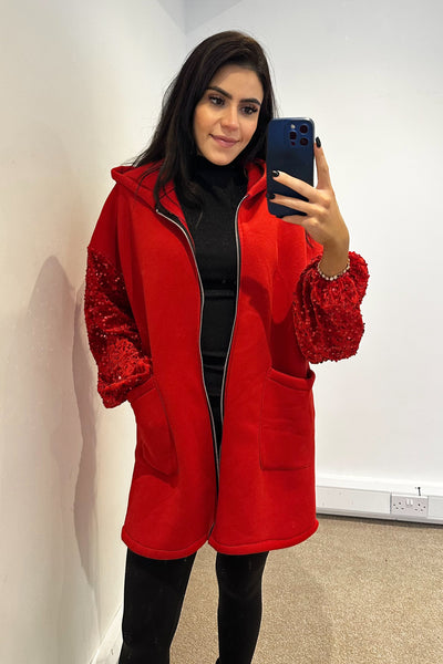 Sequin Sleeve Hoodie - Red