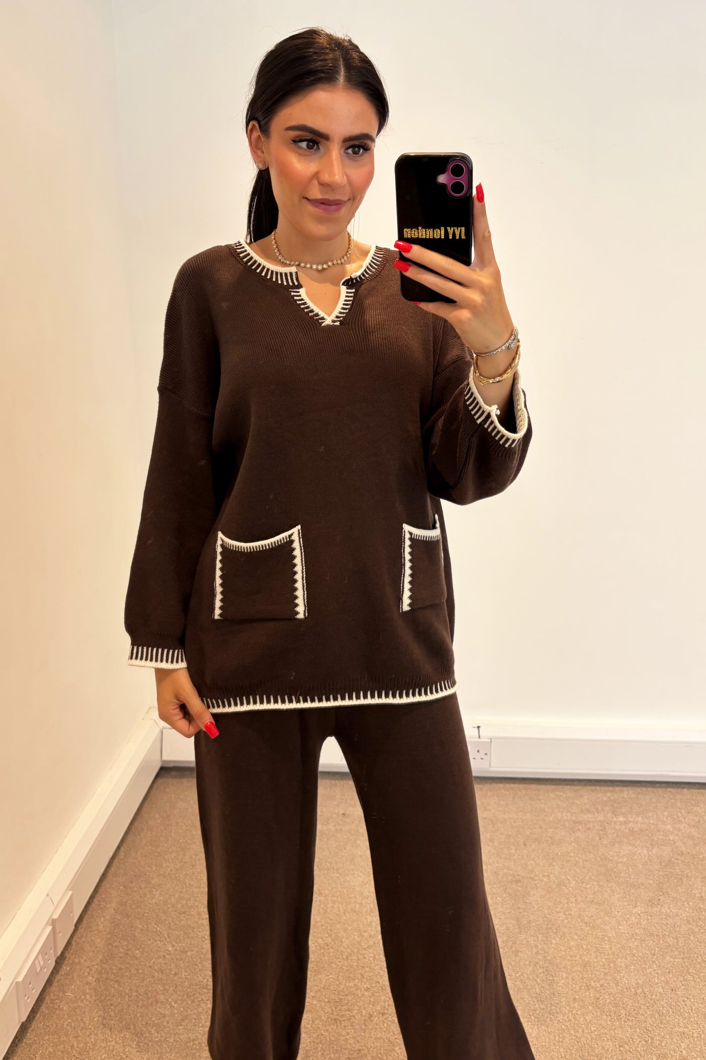 Stitch Detail Lounge Set - Brown