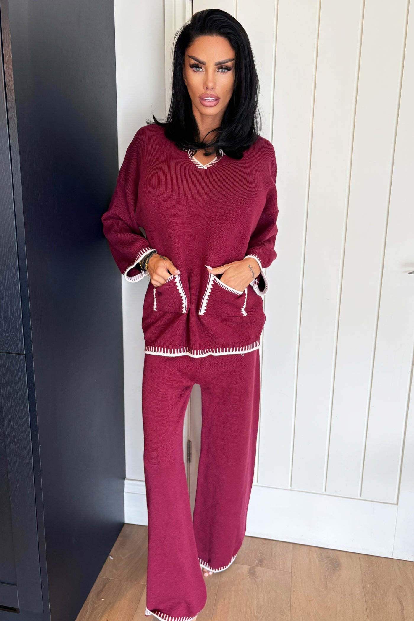 Stitch Detail Lounge Set - Wine