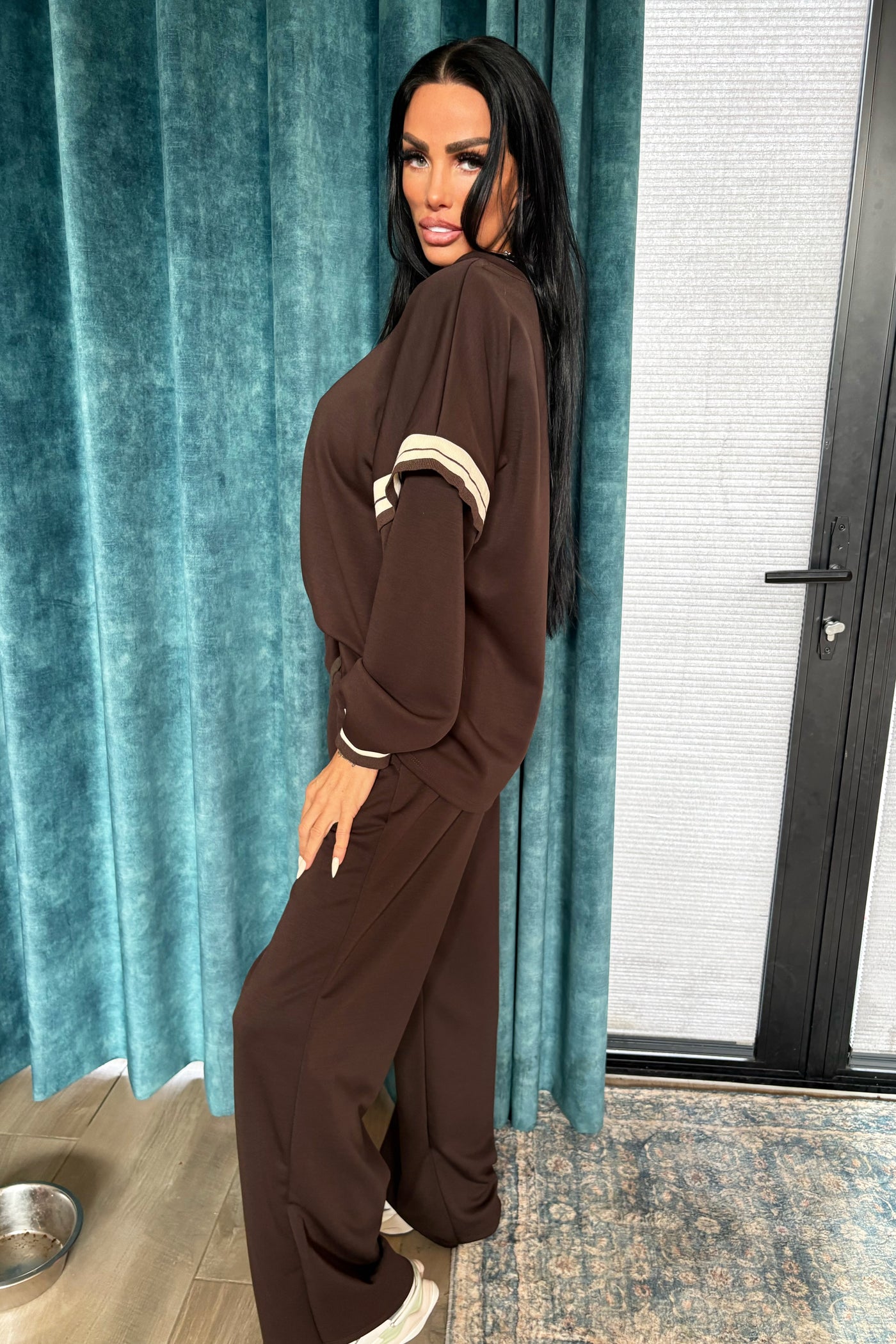 Stripe Knit Detail Tracksuit - Brown