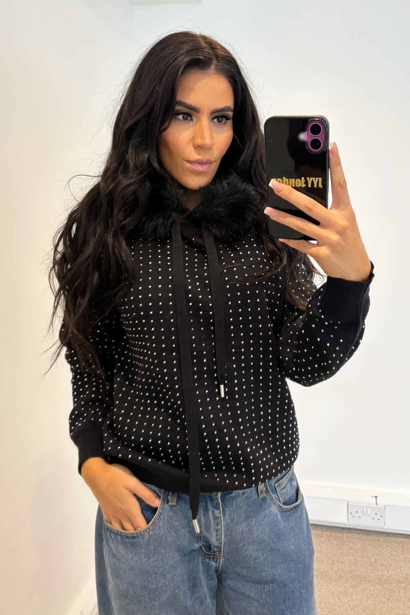 Stud Diamante Faux Fur Hoodie - Black