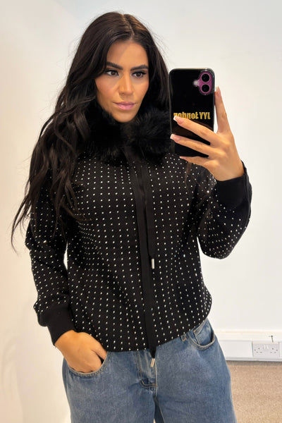 Stud Diamante Faux Fur Hoodie - Black