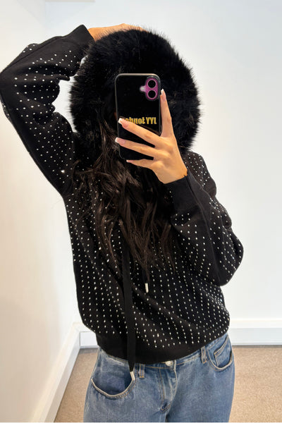 Stud Diamante Faux Fur Hoodie - Black