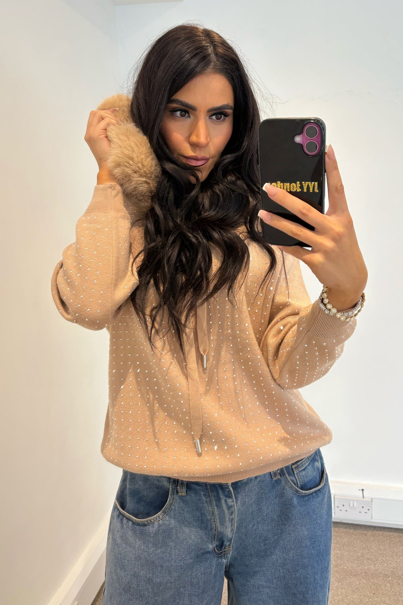 Stud Diamante Faux Fur Hoodie - Camel