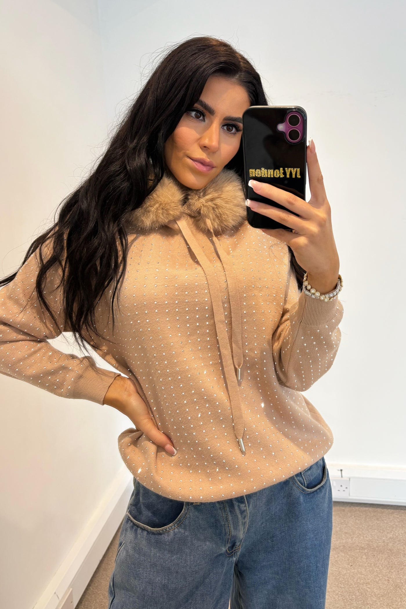 Stud Diamante Faux Fur Hoodie - Camel