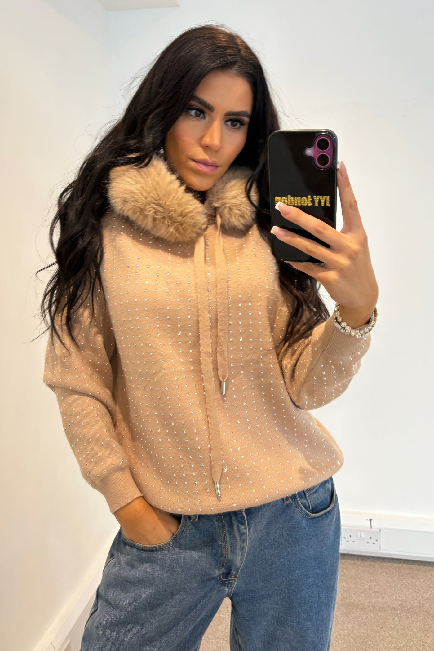 Stud Diamante Faux Fur Hoodie - Camel