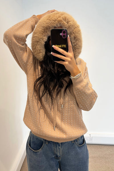 Stud Diamante Faux Fur Hoodie - Camel