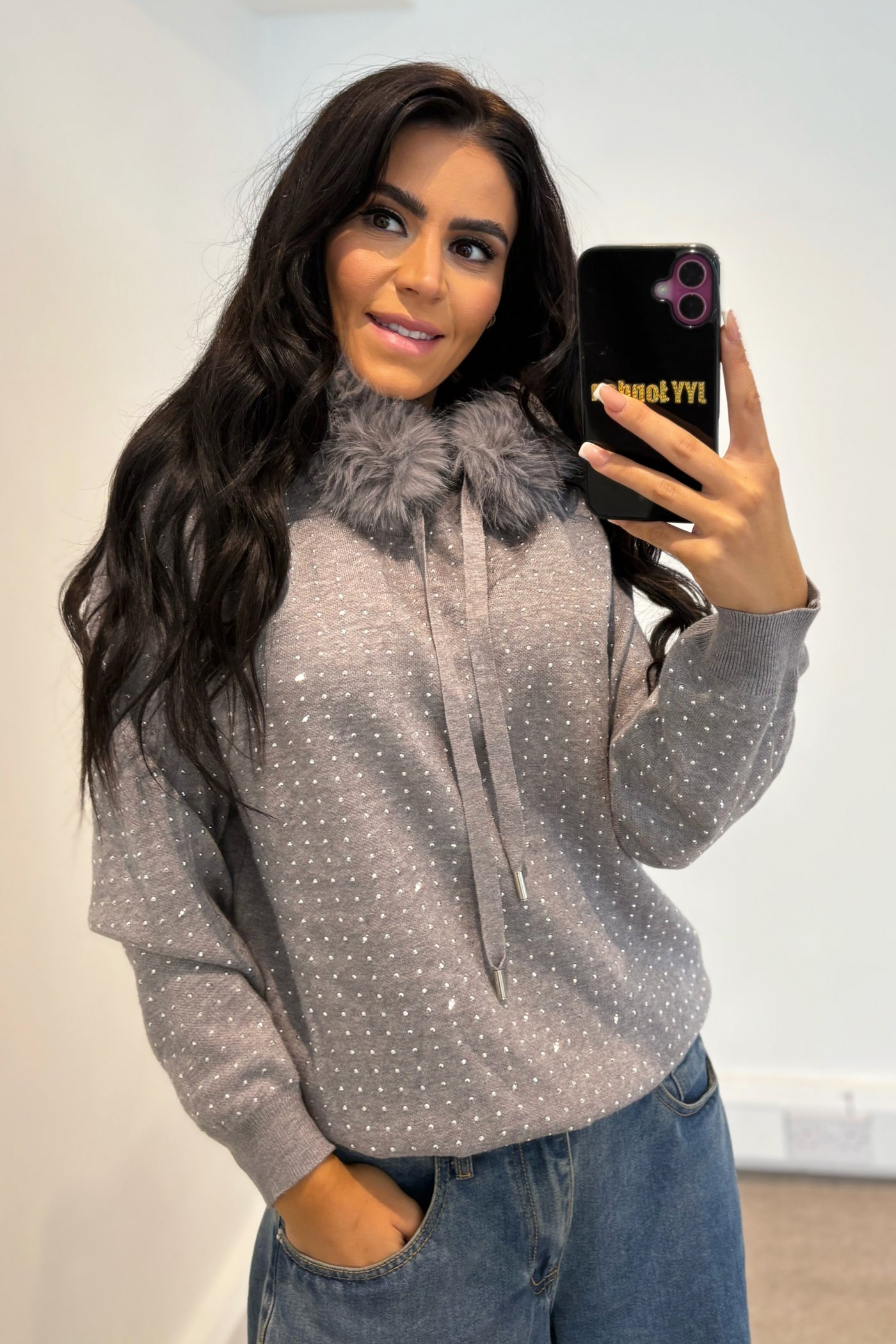 Stud Diamante Faux Fur Hoodie - Grey