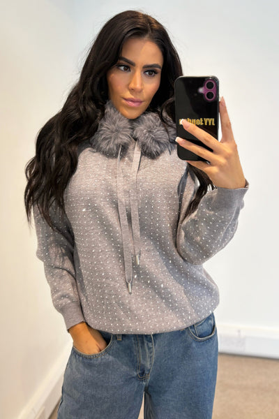 Stud Diamante Faux Fur Hoodie - Grey