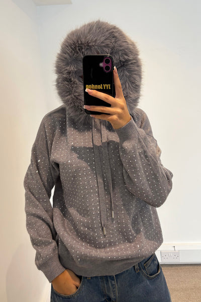 Stud Diamante Faux Fur Hoodie - Grey