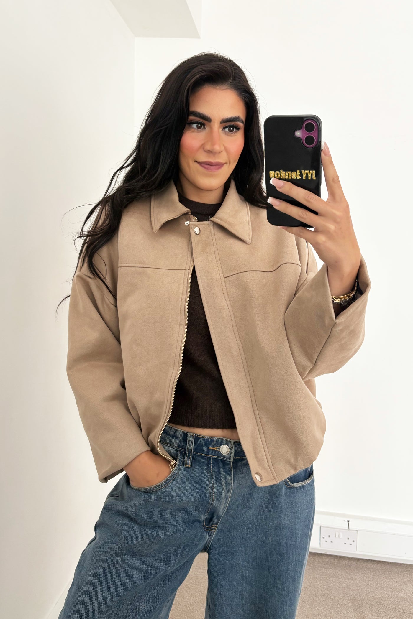 Faux Suede Jacket - Beige