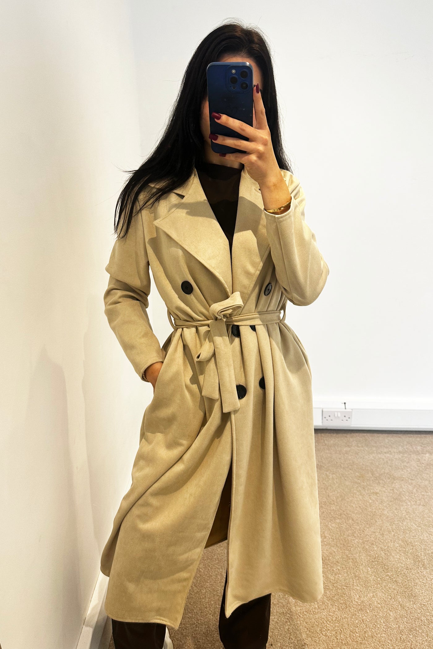 Faux Suede Trench Coat - Beige