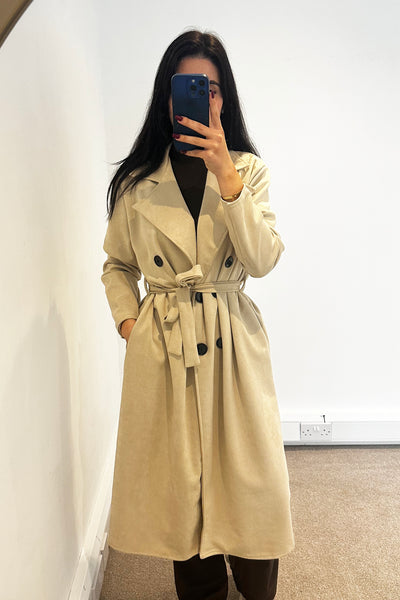 Faux Suede Trench Coat - Beige