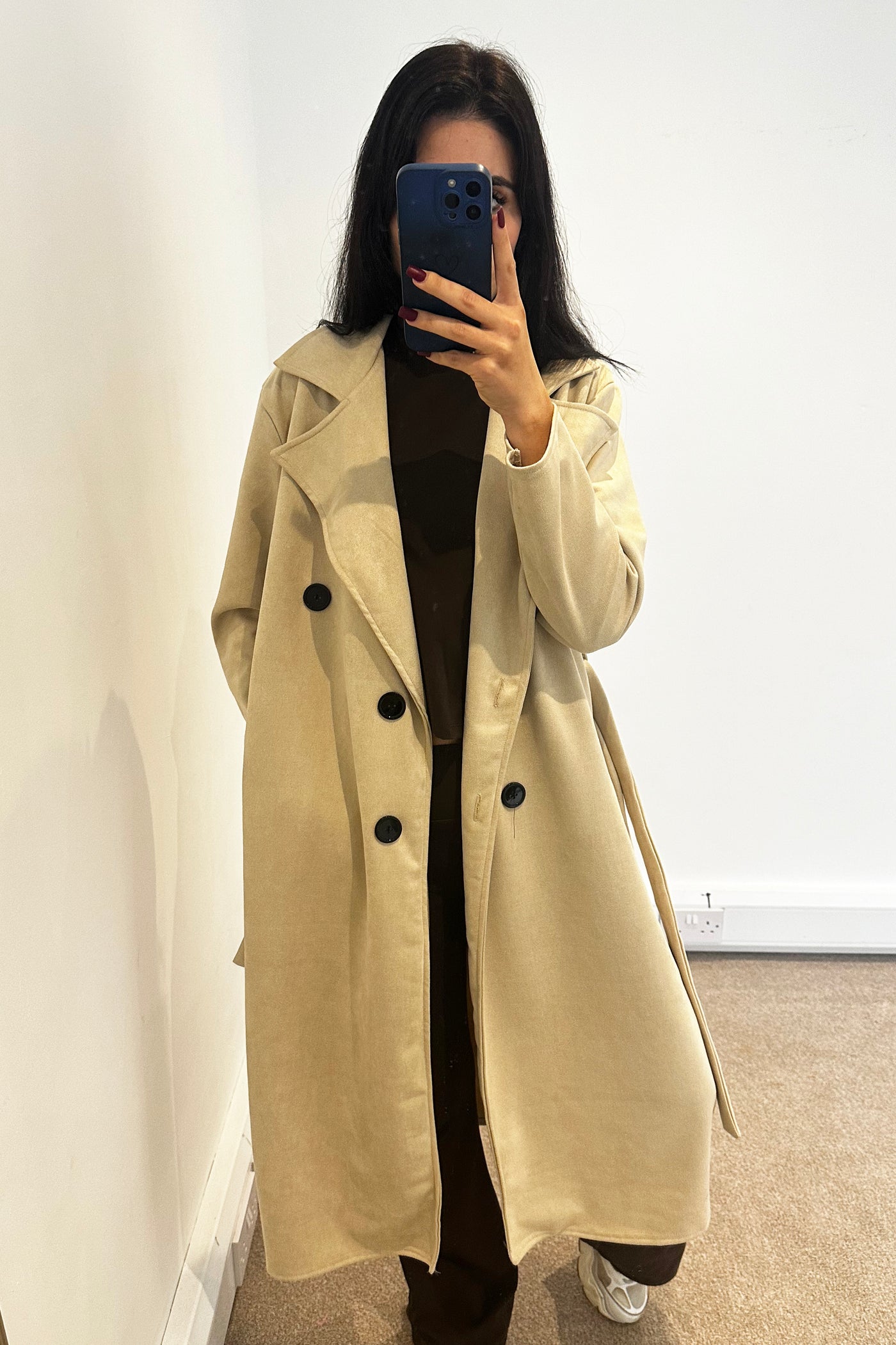 Faux Suede Trench Coat - Beige