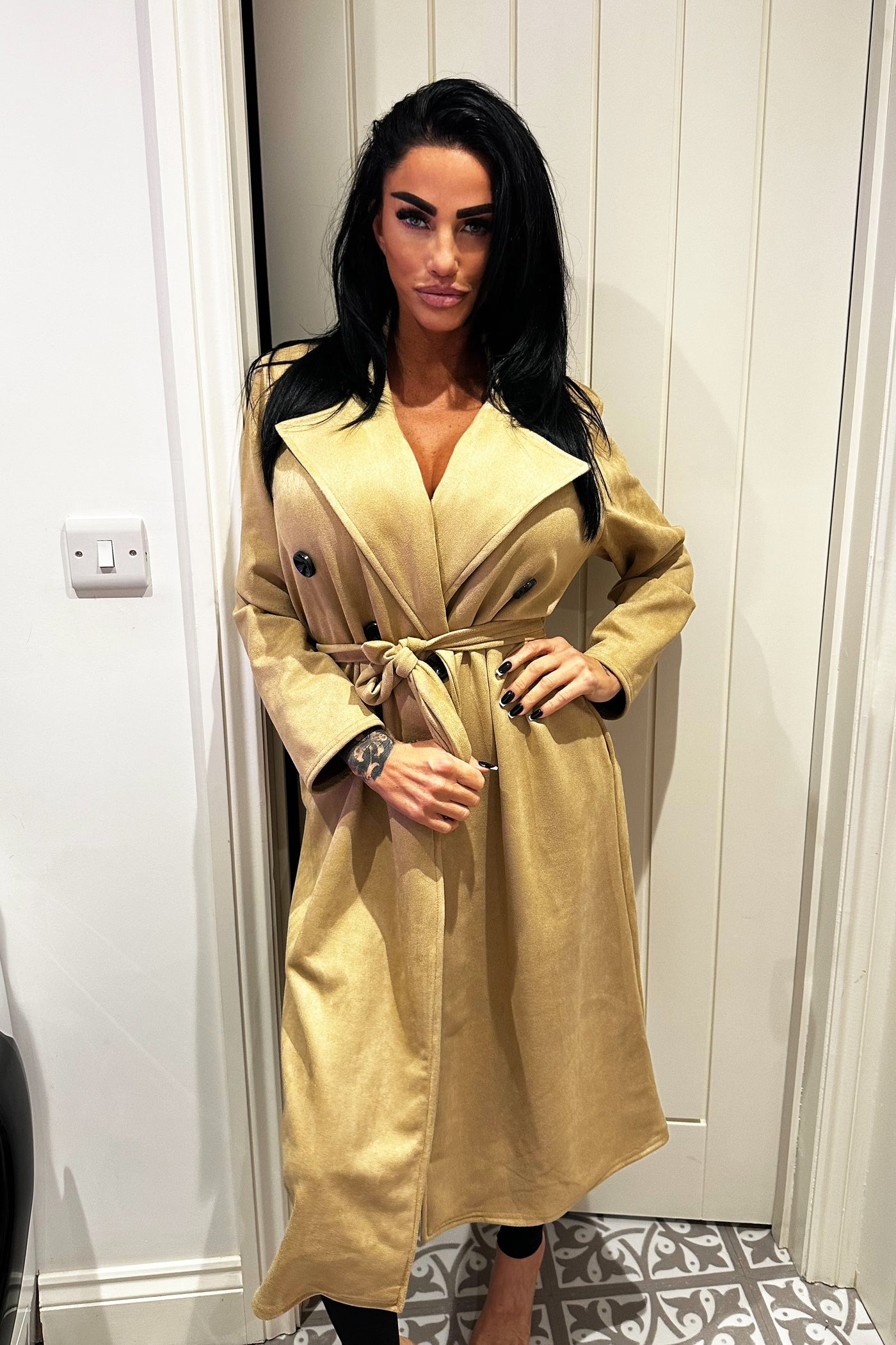 Faux Suede Trench Coat - Dark Beige