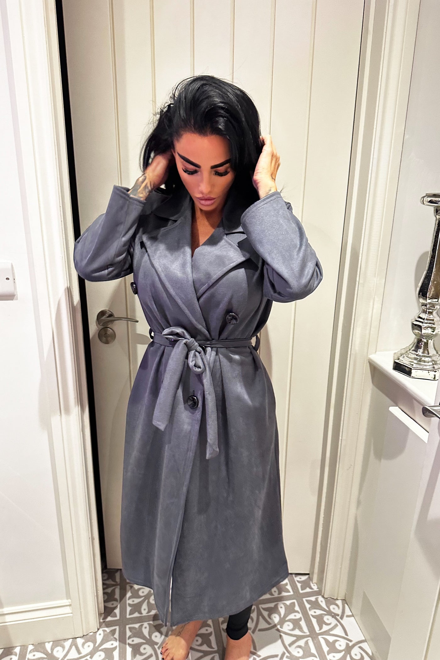 Faux Suede Trench Coat - Dark Grey PREORDER 18TH NOV