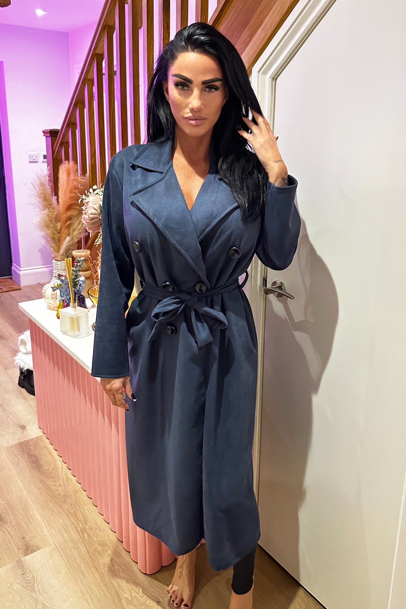 Faux Suede Trench Coat - Navy