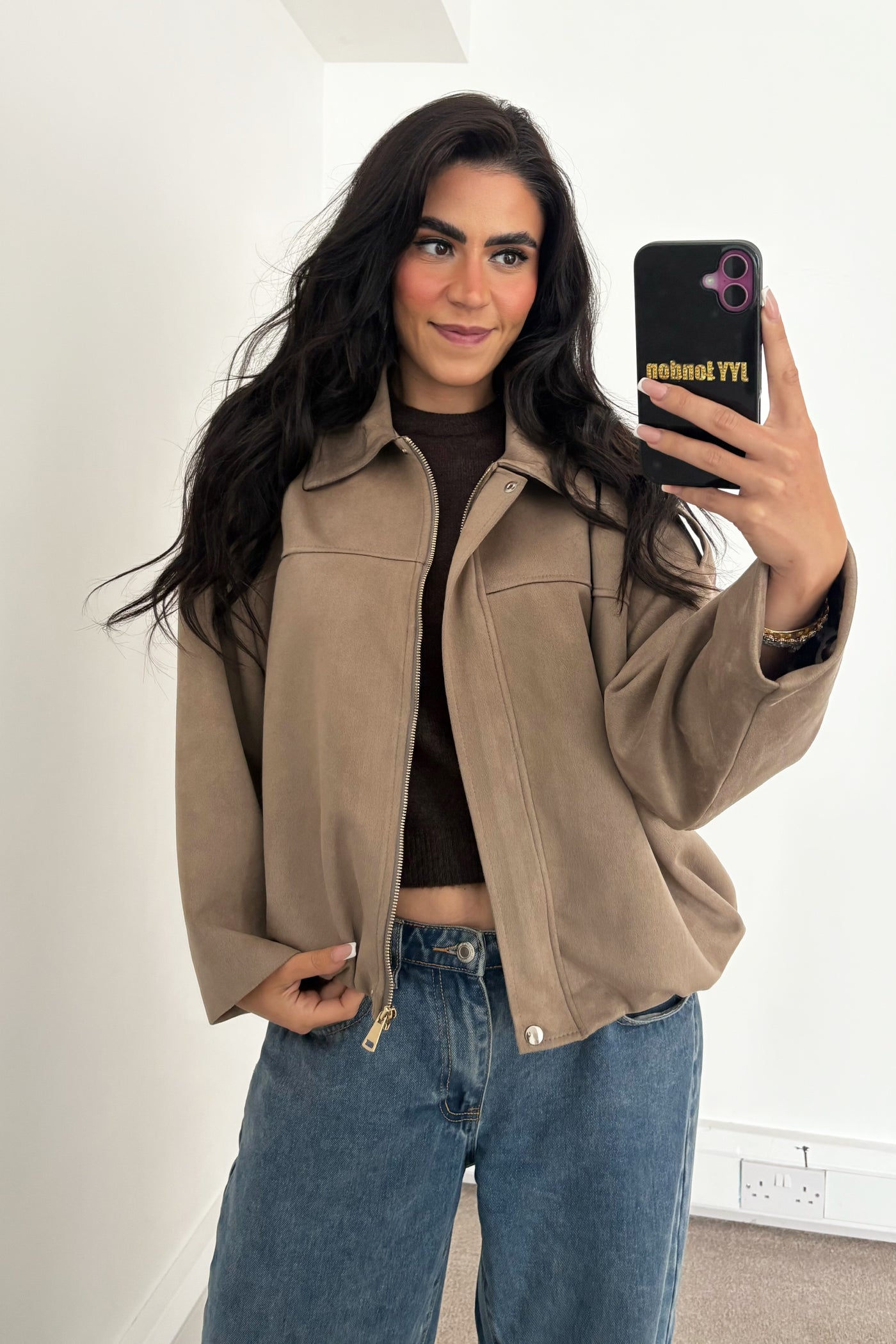Faux Suede Jacket - Taupe