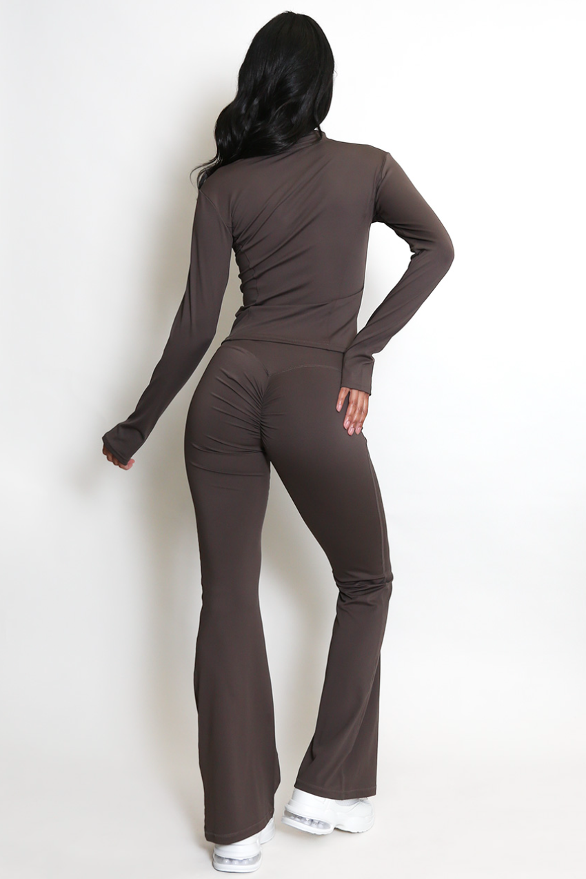 Flare Leggings & Zip Top Set - Brown