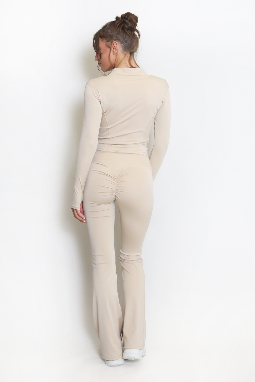 Flare Leggings & Zip Top Set - Beige