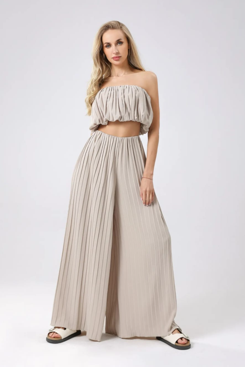 Pleated Bandeau Top & Trouser Set - Taupe