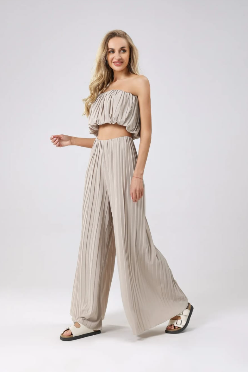 Pleated Bandeau Top & Trouser Set - Taupe