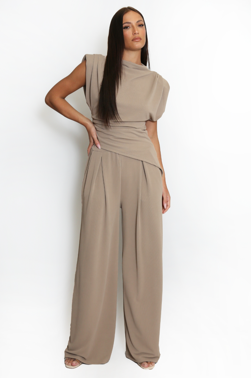 Asymmetric Top & Trouser Set - Taupe