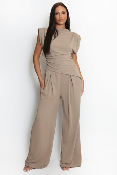 Asymmetric Top & Trouser Set - Taupe