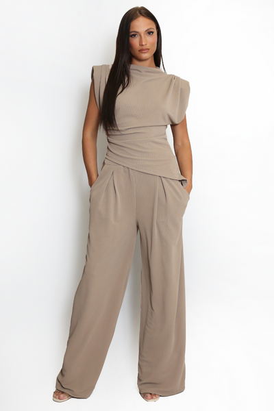 Asymmetric Top & Trouser Set - Taupe