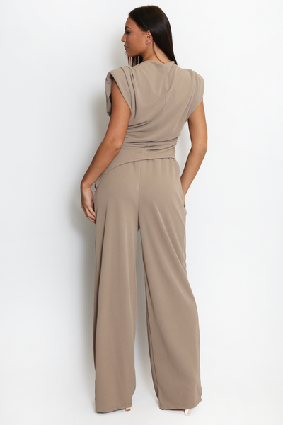 Asymmetric Top & Trouser Set - Taupe