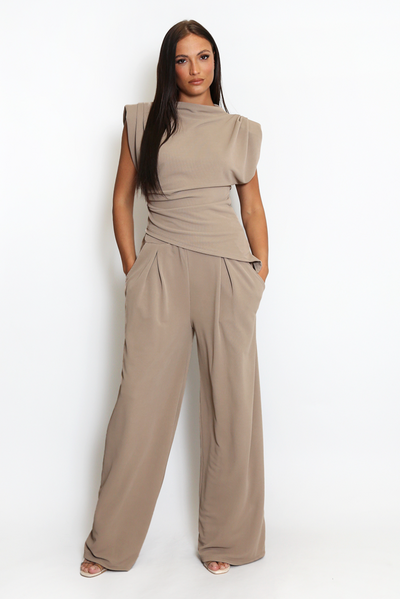 Asymmetric Top & Trouser Set - Taupe