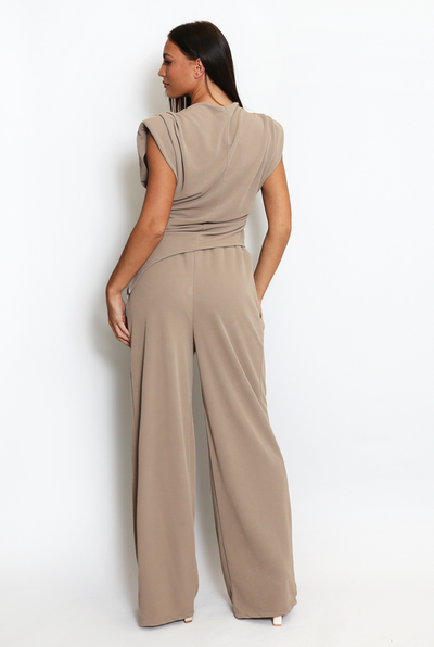 Asymmetric Top & Trouser Set - Taupe