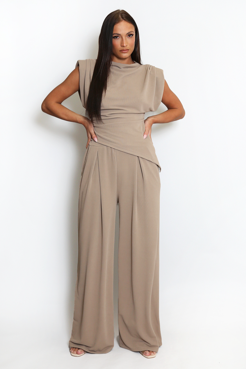 Asymmetric Top & Trouser Set - Taupe