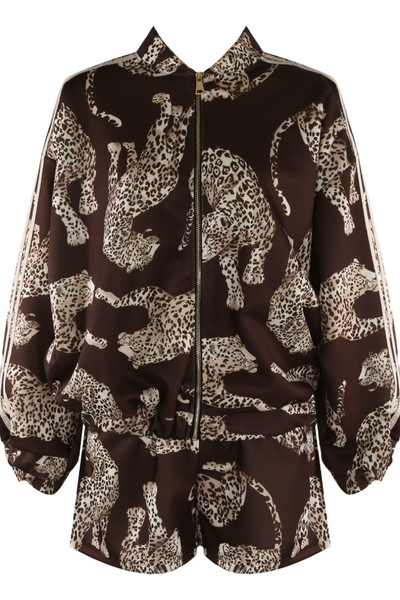 Leopard Bomber Jacket & Short Set - Brown
