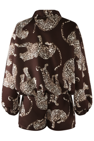 Leopard Bomber Jacket & Short Set - Brown